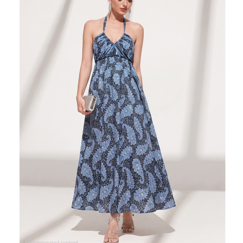 J.Crew Collection Blue Floral Paisley Cotton Halter Midi Dress with Pockets‎ 8